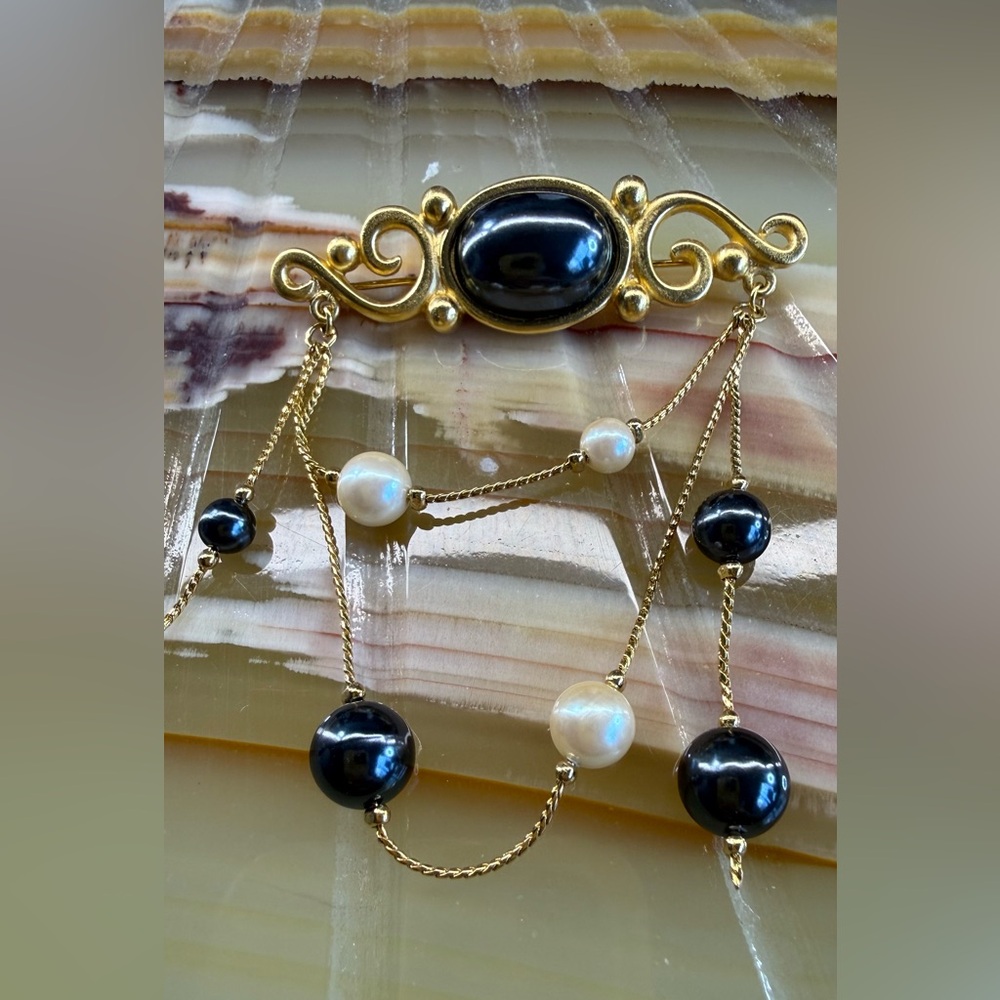 Vintage Monet Gold Pearl & Black Bead Multi-Strand Necklace